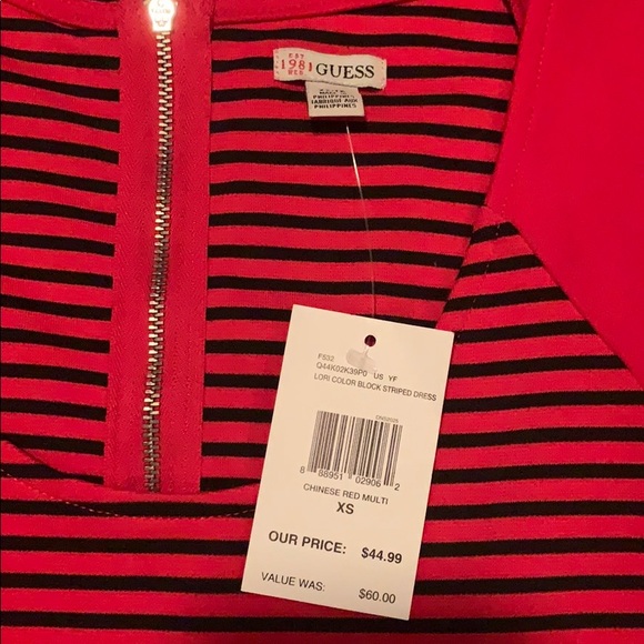 Guess Chinese Red Color Block Striped Dress - Picture 4 of 5